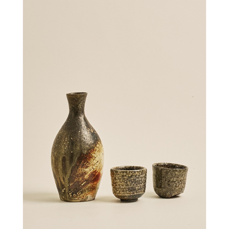 Ceramic Sake Decanter with Two Cups