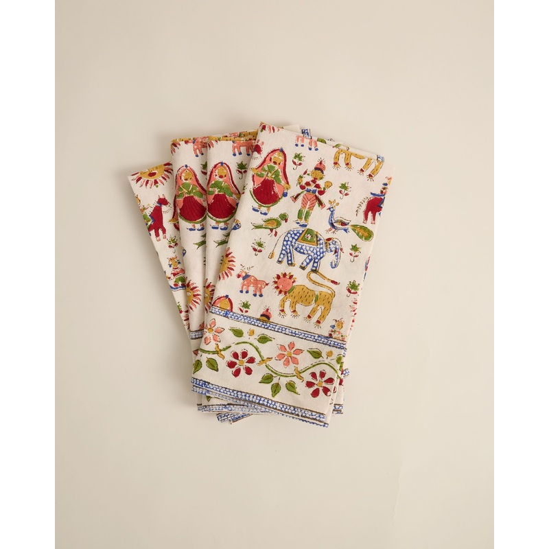 Illustrated Hand Block Printed Napkin Set of 4 Carnival