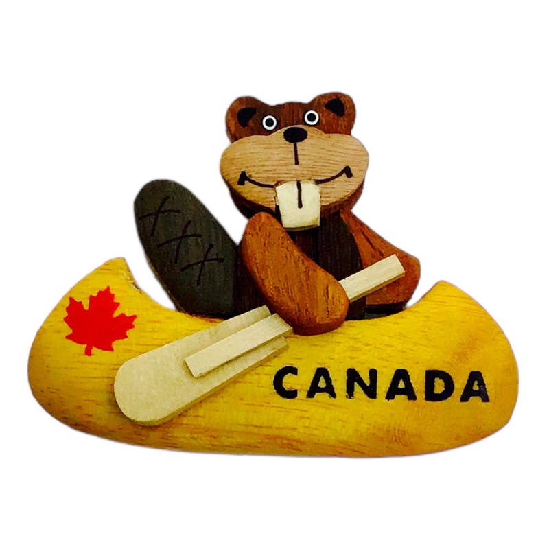 Wood Magnet – Beaver in Canada Canoe – Handmade Fridge Magnet Souvenir
