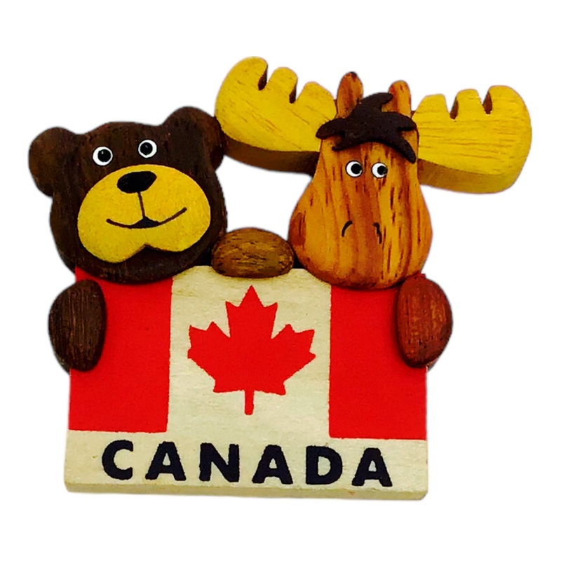 Wood Magnet – Moose and Bear w/ Canadian Flag Handmade Fridge Magnet Souvenir