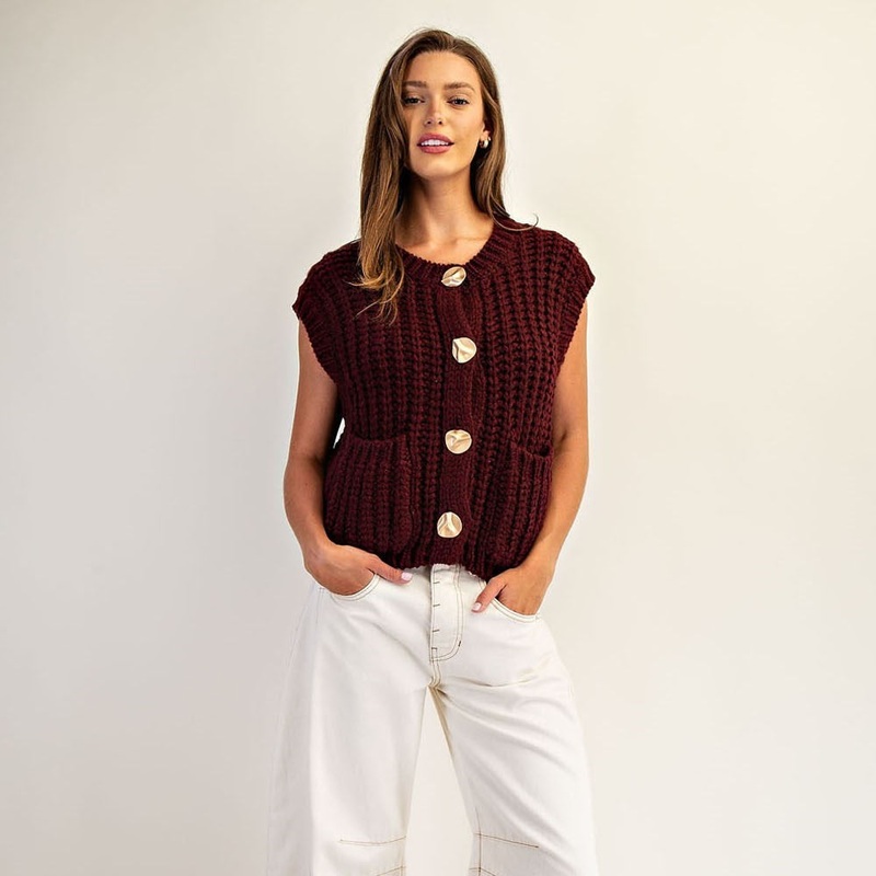Sculptural Button Down Chunky Knit Vest Mocha