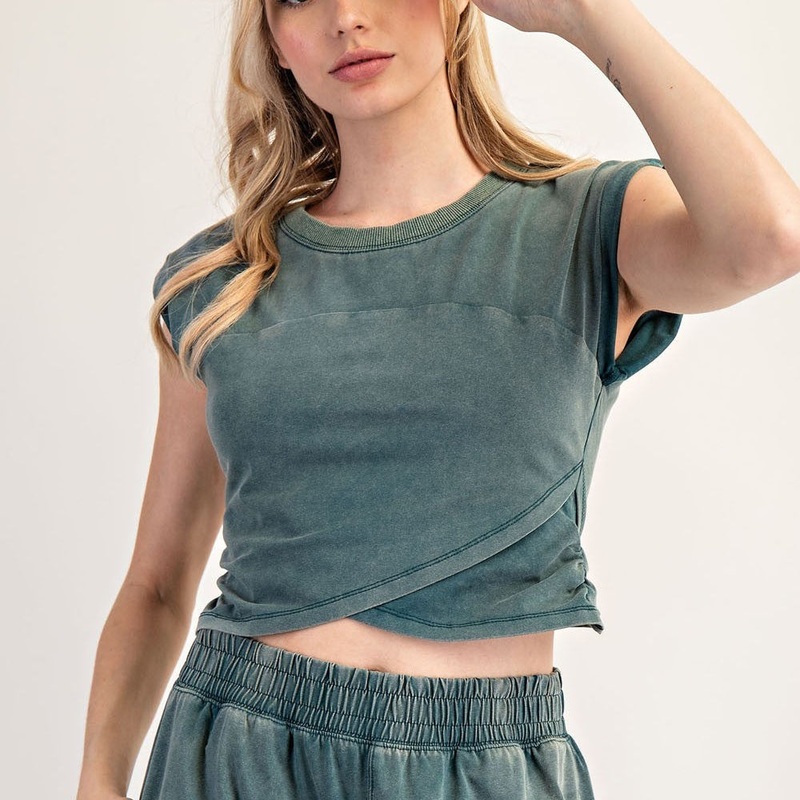 Mineral Washed Short Sleeve Wrap Top Teal