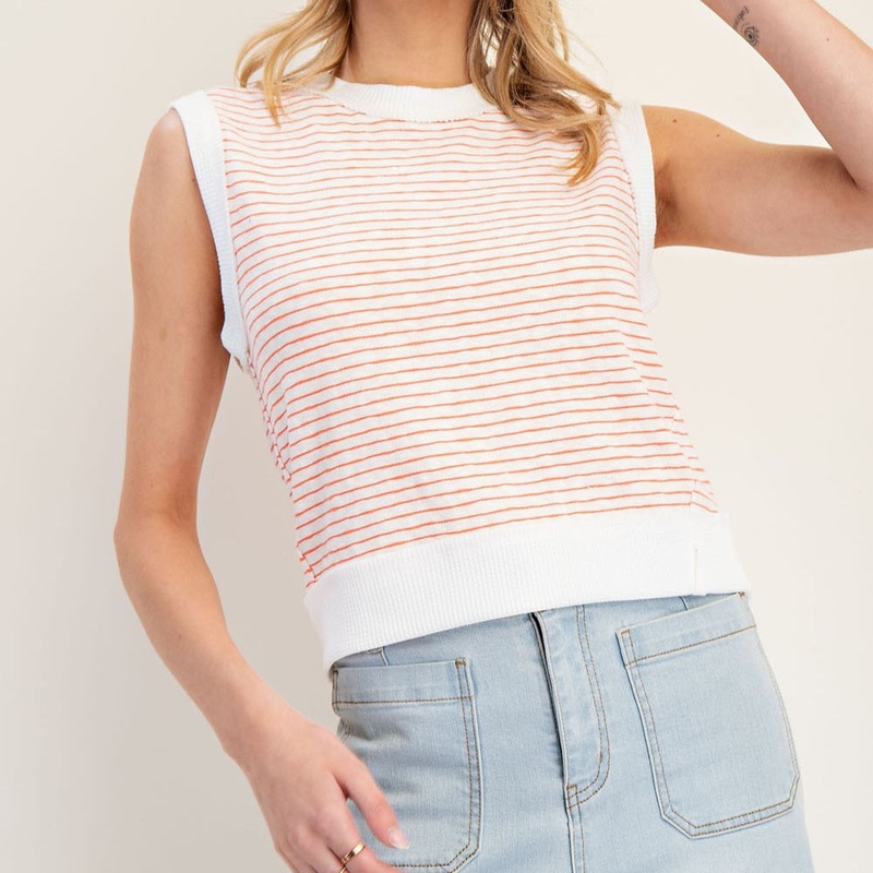 Striped Sleeveless Waffle Knit Top Apricot