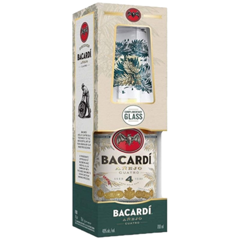 Bacardi Anejo Cuatro 700ml with Glass