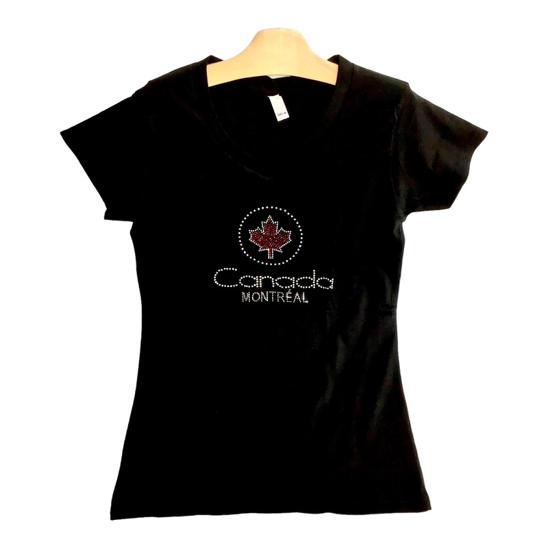 Black Canada Montral Rhinestone Womens T Shirt w/ Red Maple Leaf V Neck